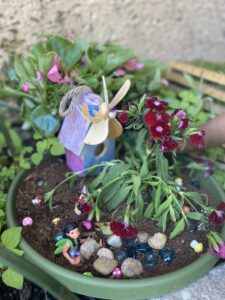 A fairy garden pot with plants, stones and a birdhouse