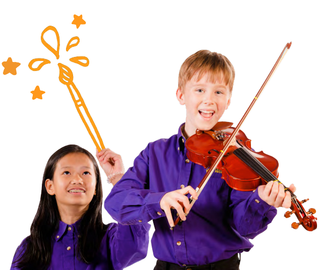 Kids with paintbrush and violin